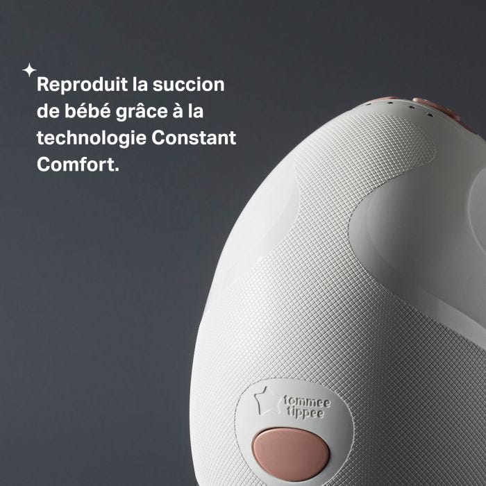 Gros plan d&apos;un tire-lait portable sur fond gris avec texte sur la technologie ConstantComfort