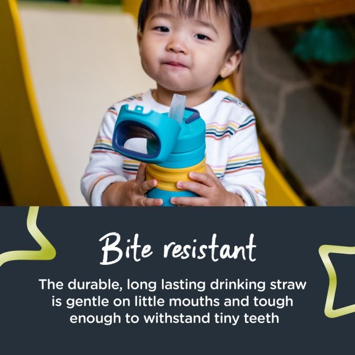 Little boy holding his blue bottle with text about the bite resistant straw