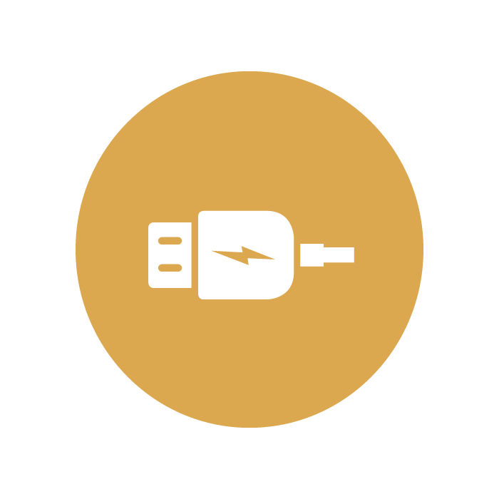 Yellow circle icon with white USB charger inside