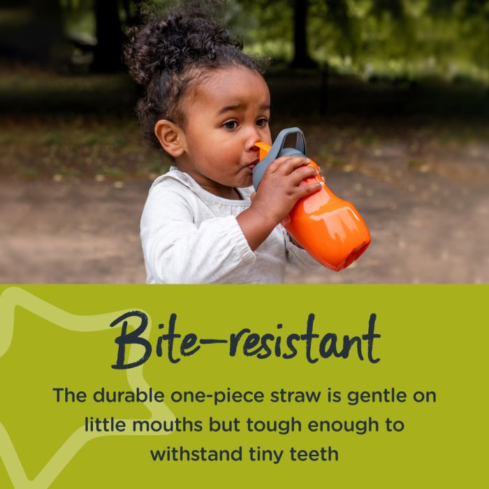 Little girl drinking from an orange straw cup with text about how it’s bite resistant