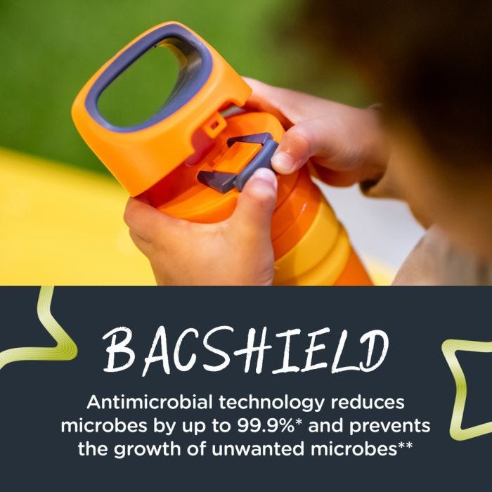 Toddler pressing the lid of their orange flip top sportee bottle with text about the antimicrobial technology