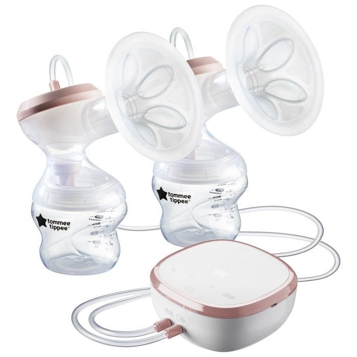 Double electric breast pump with power unit on white background