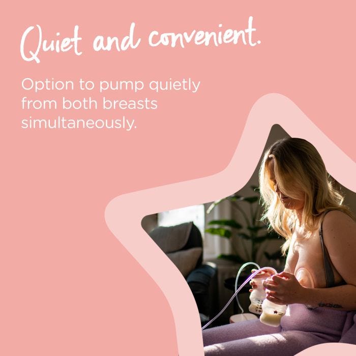 Woman expressing with both pumps simultaneously on a pink background with text about how it’s quiet and convenient