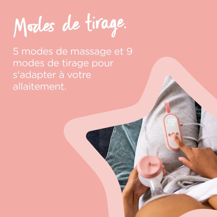 Femme utilisant un tire-lait électrique en changeant les paramètres avec un texte sur les différents modes express et massage