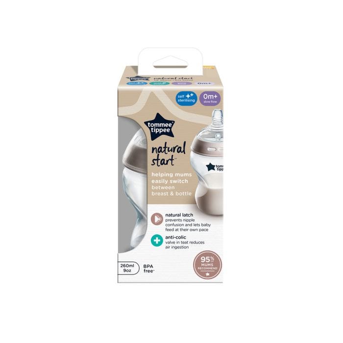 Natural Start baby bottle packaging box on a white background