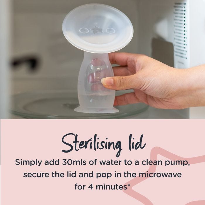Someone placing the silicone pump in the microwave with text about the sterilising lid