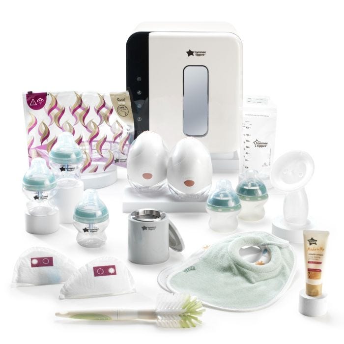 Photo of the products in the express to feed bundle, including a double pump, UV steriliser, bottle warmer and baby bottles. 