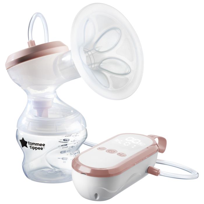 Single electric breast pump with power unit on white background