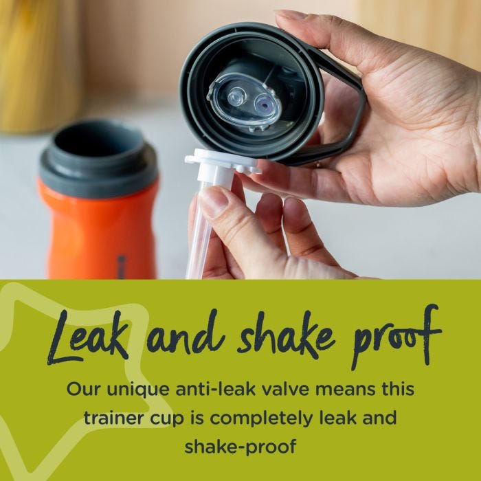 Someone removing the valve from an orange cup with text about how it’s leak and shake proof