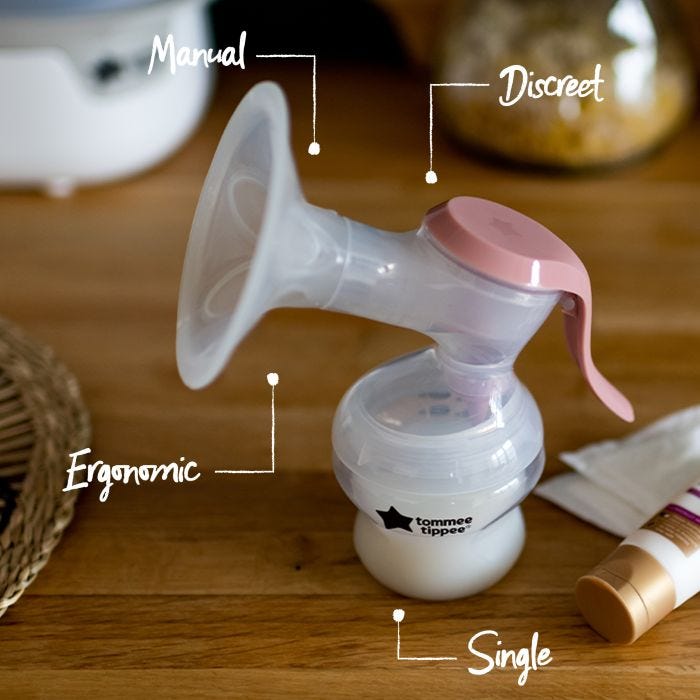 Tommee Tippee Manual Breast Pump placed on kitchen counter with pointers saying single