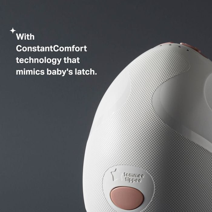 Close up of wearable breast pump on a grey background with text about ConstantComfort technology