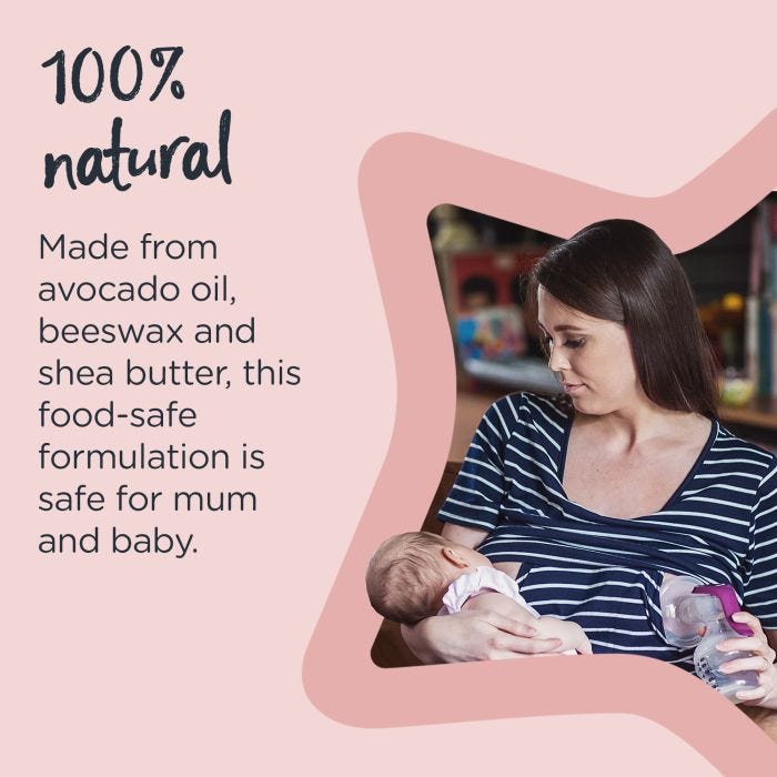 Woman breastfeeding from one breast and pumping from the other with text about the ingredients in the nipple cream