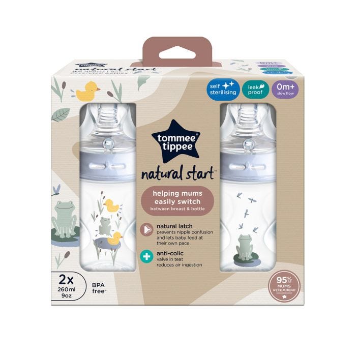 Natural Start baby bottles in their packaging box on a white background