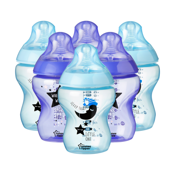 Closer-to-nature-sleep-tight-little-one-baby-bottle-6-pack-blue-and-purple-with-moon-and-stars-design