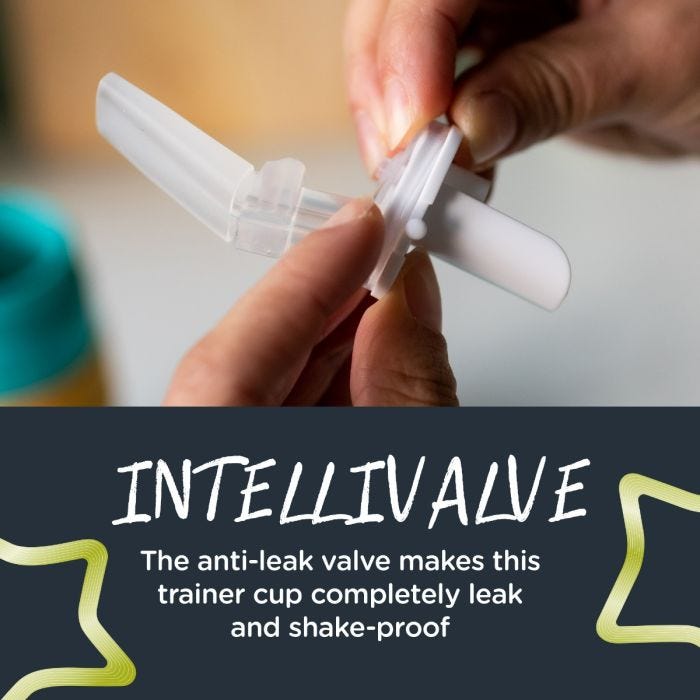 Someone assembling the anti-leak valve with text about its shake and leak proof technology