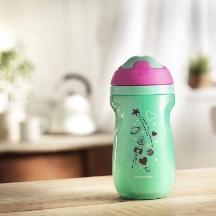 Insulated-sippee-cup-aqua-blue-with-pink-cap-and-rocket-planets-stars-design-sitting-on-kitchen-bench