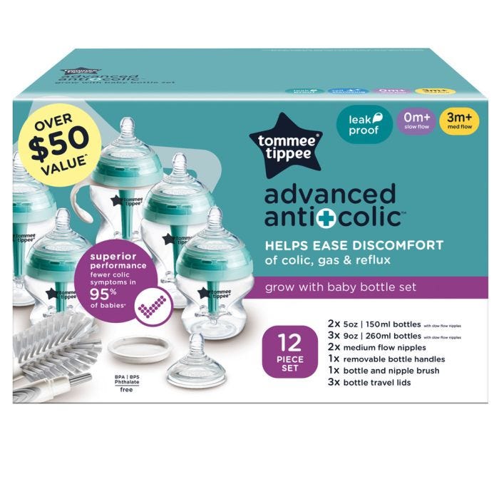Advanced Anti-Colic Grow with Baby Bottle Set packaging box against a white background