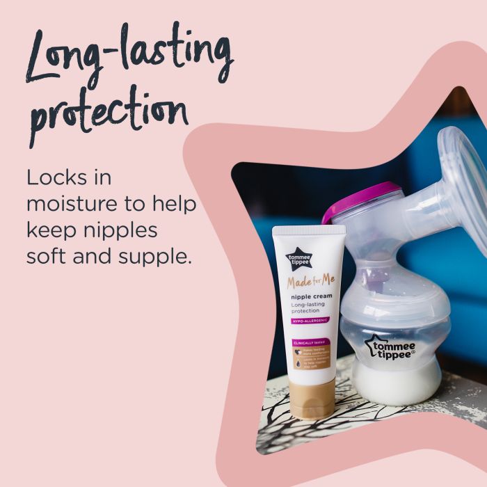 Tommee Tippee nipple cream and manual breast pump with text about how the cream offers long-lasting protection