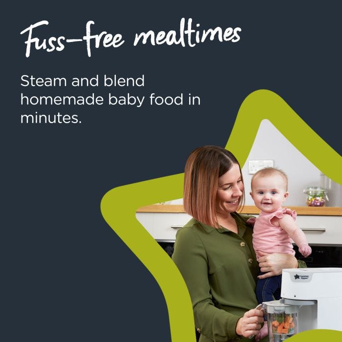Woman holding baby in kitchen with text about making homemade baby food in minutes