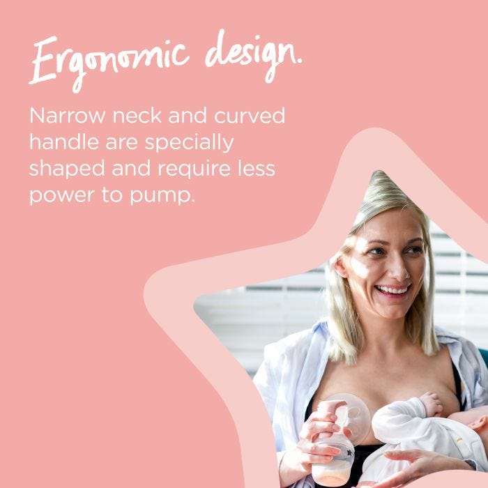 Mum breastfeeding baby and holding manual breast pump at other breast with text highlighting the ergonomic design of the pump.