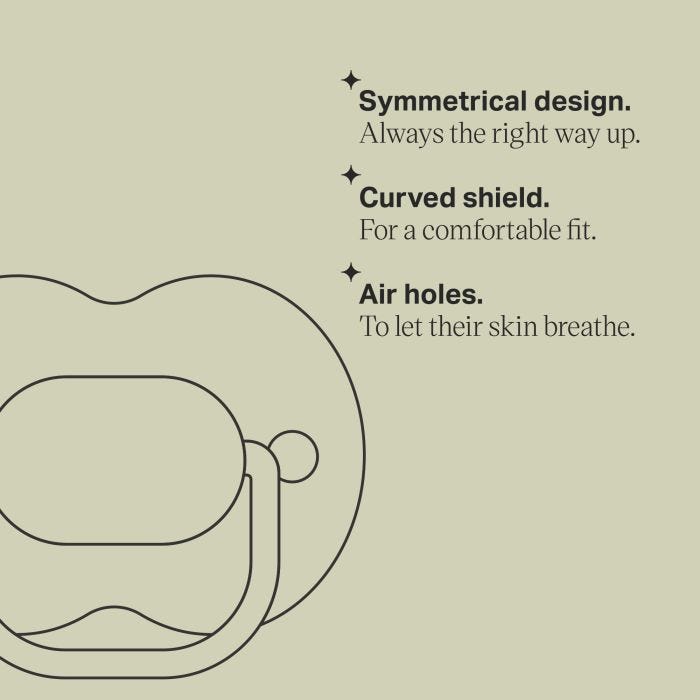 Line drawing of pacifier facing dorward on a green background next to a list of key features