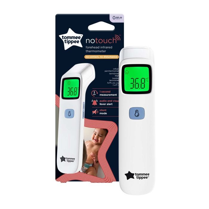 Thermometer with packaging on white background.
