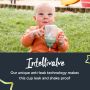 Little boy holding the weighted straw cup upside down with text about the leaf-proof Intellivalve