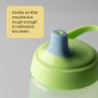 Close up of the spout on a green Active Spout cup with text overlay of product messaging