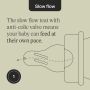 Keyline drawing of a Classic Start narrow neck bottle teat with text about how it is slow flow to help baby feed at their own pace