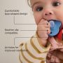 Image of baby holding an anytime soother to their mouth with pointers to the product key features