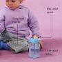 Toddler sitting on the floor with an Active Spout cup against a pink background with pointers to the key product features