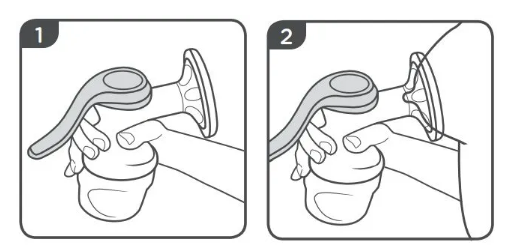 étapes 1 et 2 montrant le tire-lait tenu vers la droite et placé sur le sein