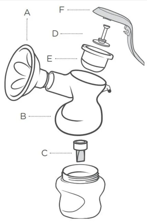 Guide des pièces du tire-lait manuel Corne, corps, valve à bec de canard, connecteur, diaphragme, poignée et capuchon