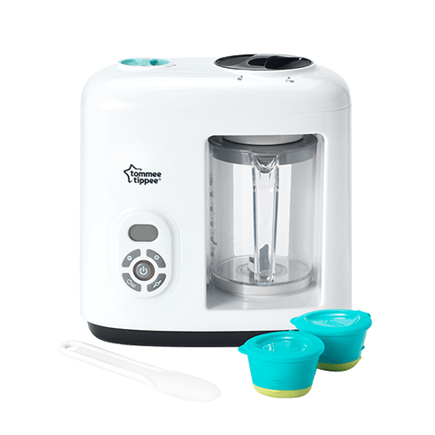 Baby Steamer Blender in white with blue storage pots and white spatula