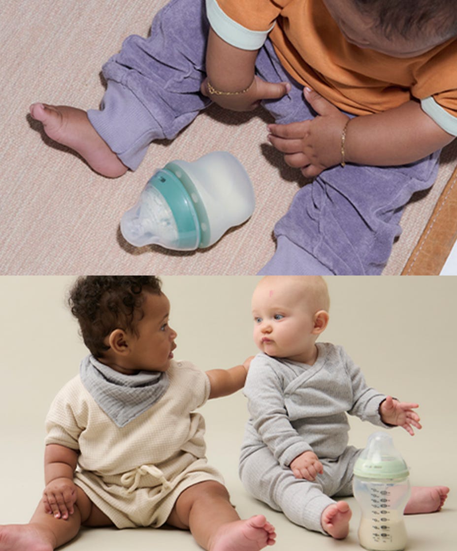 2 images of babiesdrinking from bottles. 1 drinking from Natural Start bottle, the other dribnking from Advanced anti-colic bottle