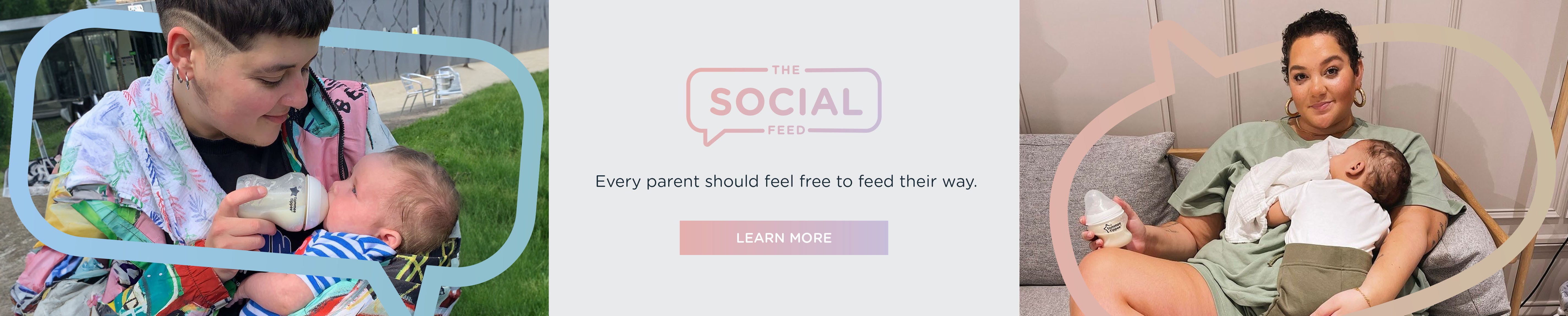 Text stating 'The Social Feed - every parent should feel free to feed thwir way ' with a learn more button. There are also images on both sides of the text showing parents feeding children