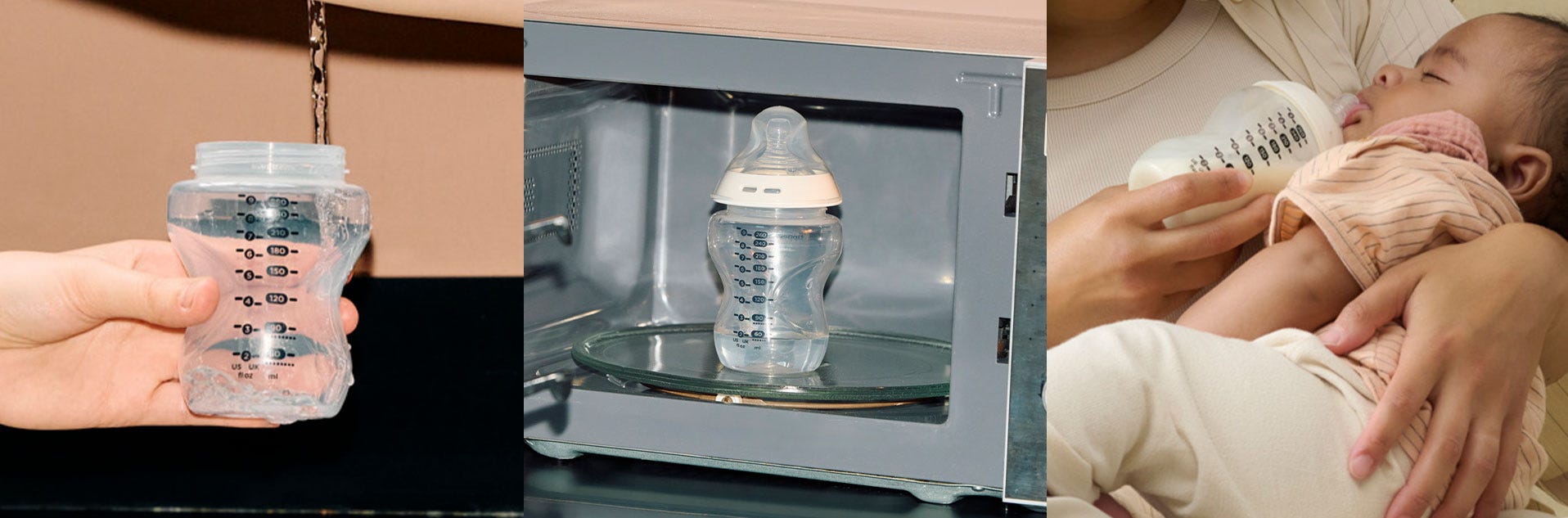 three images that show the stages of sterilising a Tommee Tippee bottle in the microwave 