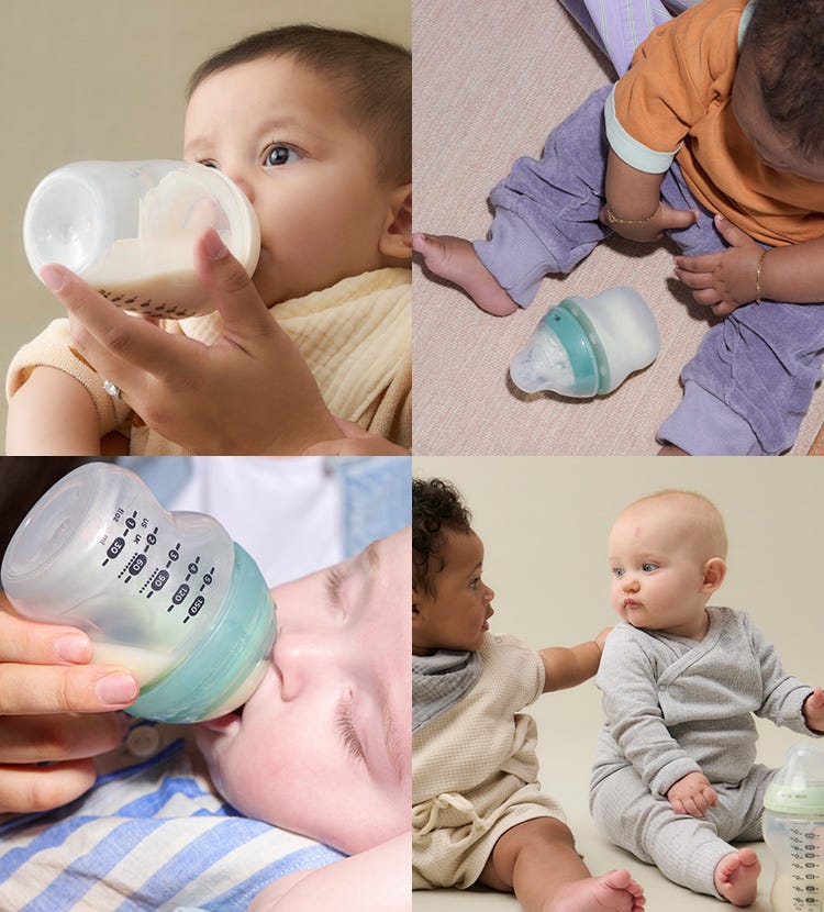 4 images of baby using bottles