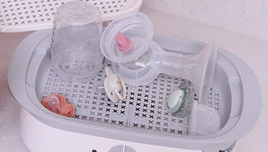 Silicone Breast pump, Ultralight soothers and Natural Start bottle all on Supersteam steriliser tray