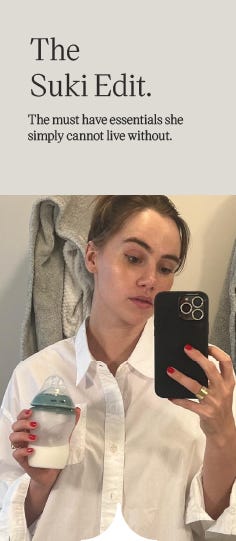 Suki holding Natural Start silicone bottle whilst taking a selfie. with text " The Suki Edit. The must have essentials she just cannot live without