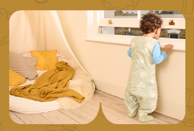 Toddler in bedroom wearing Sleepbag